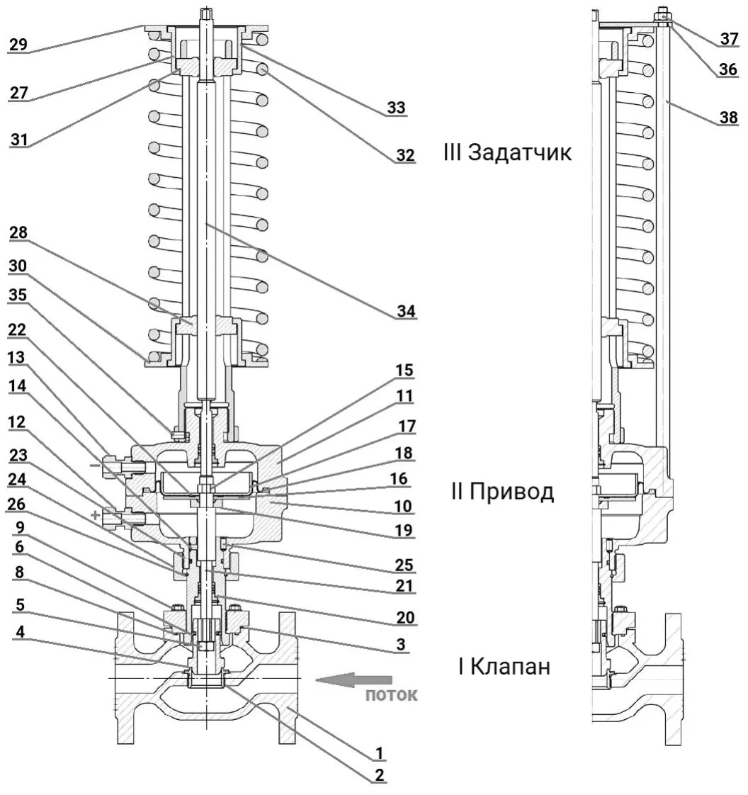 Регулятор давления до себя PRB1030N-F-DA Ду25 Ру16 Kvs10 прямого действия, серый чугун СЧ20, фланцевый, Tmax до 150°С, диапазон настройки 0 (0,1 - 1 кгс/см2)