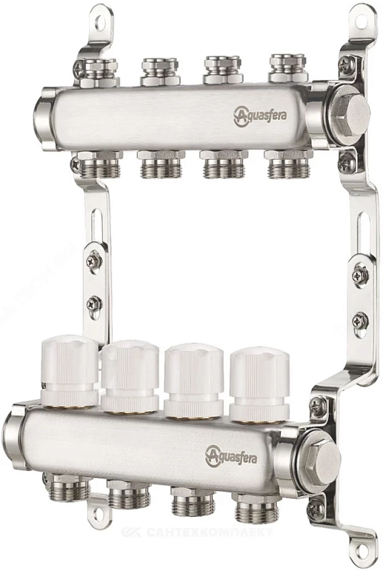Группа коллекторная Aquasfera 9504 Ду25 Ру10 внутренняя резьба, выходов 11х3/4″ наружная резьба под евроконус с балансировочными и регулирующими клапанами, нержавеющая сталь