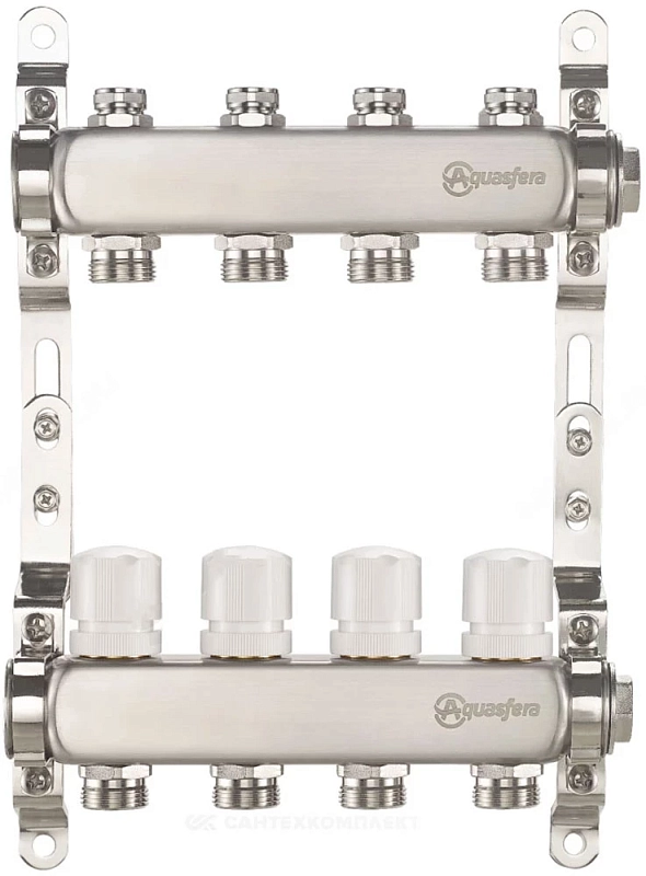 Группа коллекторная Aquasfera 9504 Ду25 Ру10 внутренняя резьба, выходов 11х3/4″ наружная резьба под евроконус с балансировочными и регулирующими клапанами, нержавеющая сталь
